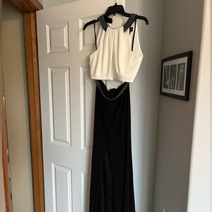 Xscape Black and White Beaded Halter Prom Dress